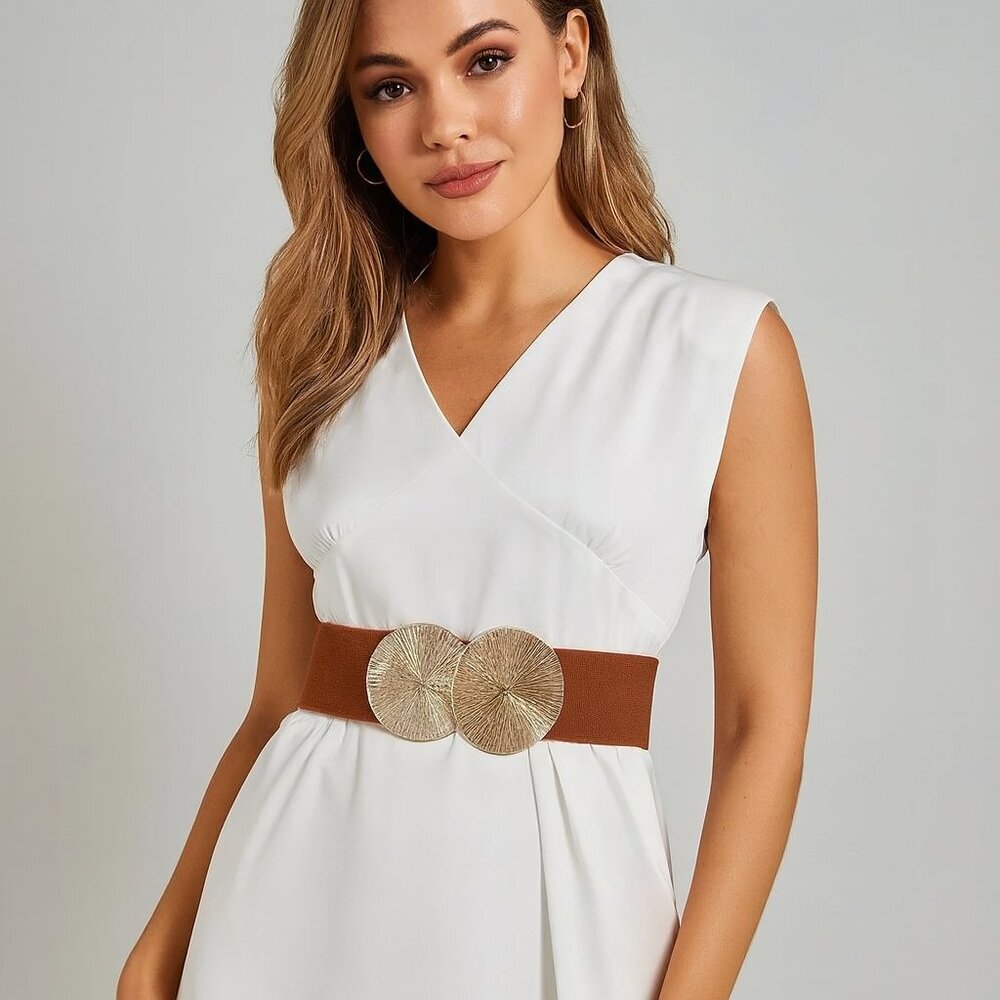 2/$30 NEW Elastic Wide Corset Safe Waist Belt Metallic Snap Buckle Brown Cinch…